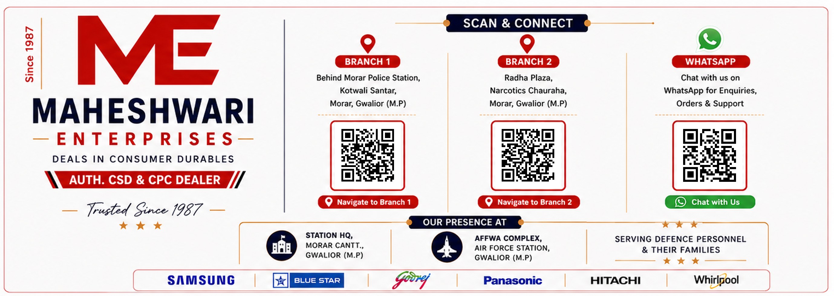 Maheshwari Enterprises scan and connect visiting card with branch and WhatsApp QR codes