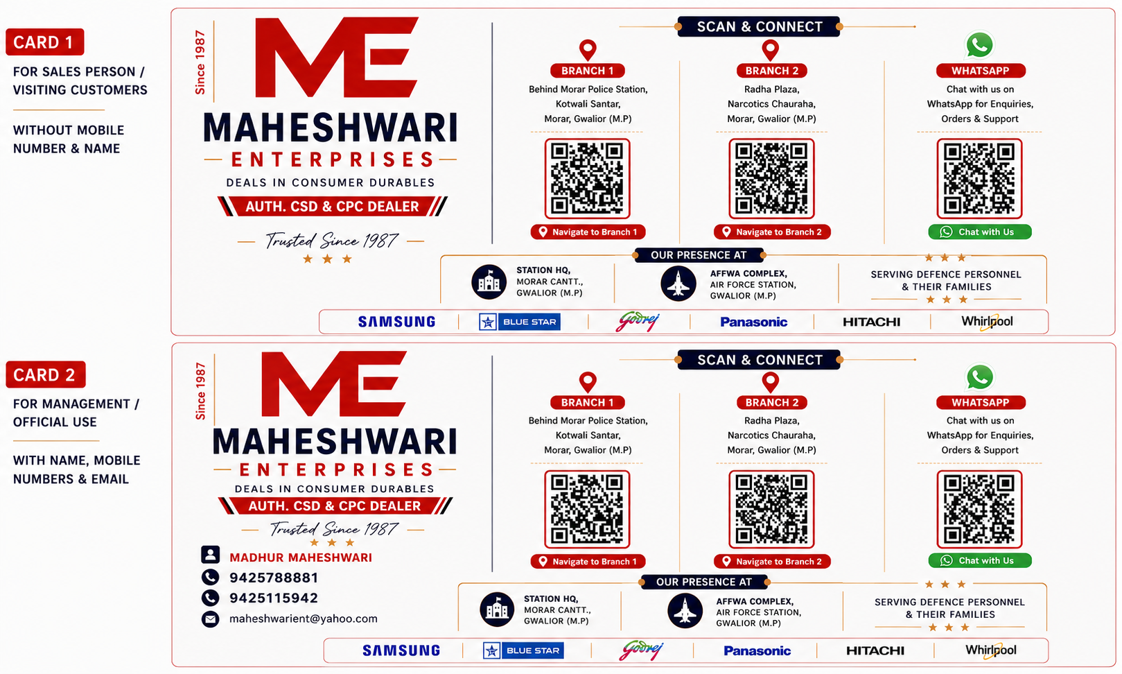 Maheshwari Enterprises scan and connect visiting card with branch and WhatsApp QR codes